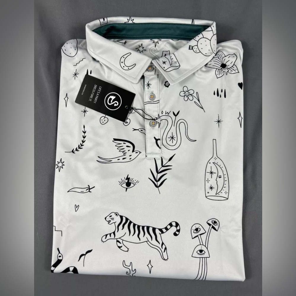 Swannies Golf Shirt Polo Brock Doodle Print XXL Gray Polyester